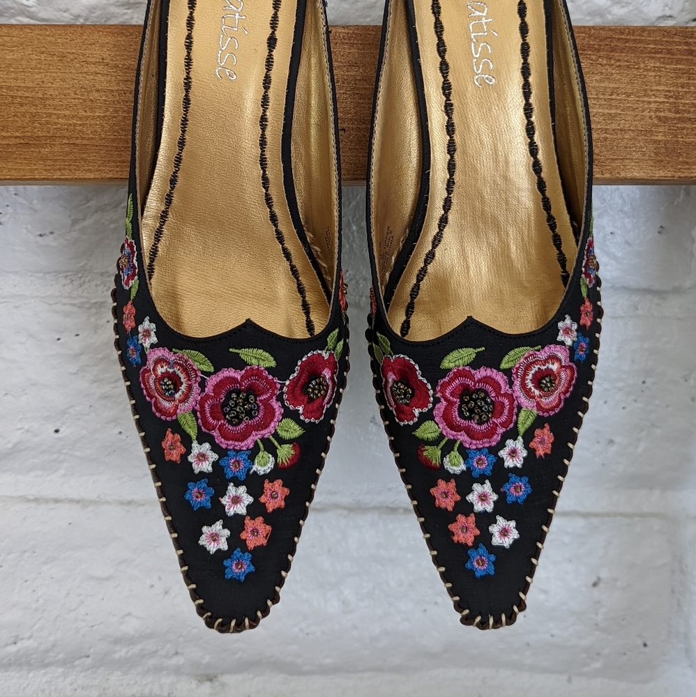 Matisse Floral Embroidered Kitten Heel Mules